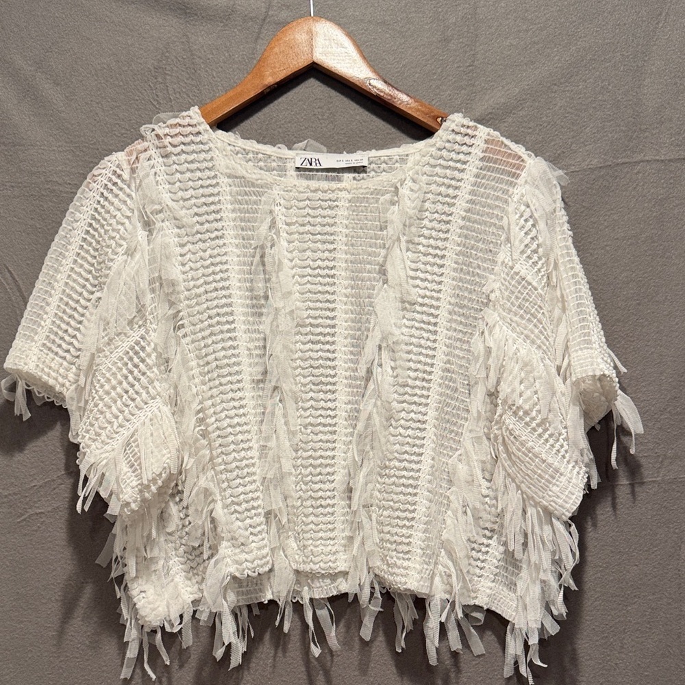 Zara Cream Sheer Textured Fringe Blouse